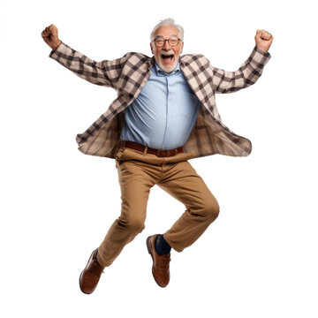 Elderly man jumping with joy on a transparent background