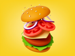 Tasty burger 3d concept. Render fast food sandwich. Bun with seeds, tomato slices, onion rings, cheese and meat cutlet with salad, pithy vector poster