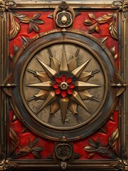 Fototapeta na wymiar Red and gold compass hanging on wall