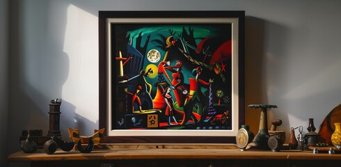 Indoor color photo of a modern painting on a wooden shelf crowded with many small sculptures. From the series “Interiors.”