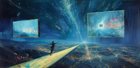 Surreal nighttime aerial color panoramic illustration of a silhouette figure riding a light beam above a panoramic cityscape with floating TV screens. From the series “Cosmic Living.”