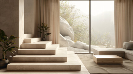 Graceful beige stairs in a cozy Scandinavian-themed lounge with a panoramic window and serene backdrop.