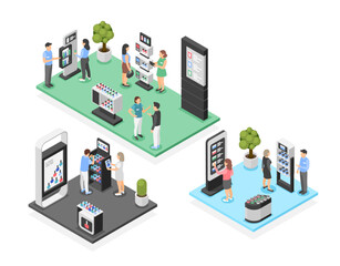 Isometric exhibition. Abstract promotional event with promoters, marketing workers and visitors. Company demo displays, flawless vector scene