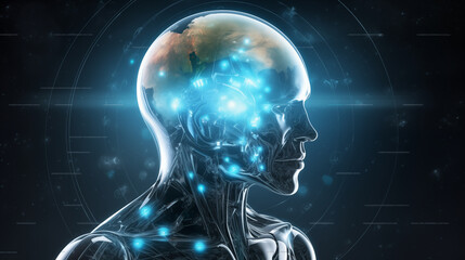 An artistic representation of a humanoid figure with a transparent head revealing a cosmic scene, illustrating the fusion of human thought and the vastness of the universe.