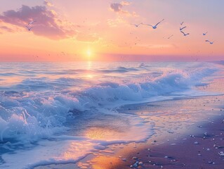 A tranquil beach at dusk, with waves gently lapping against the shore and seagulls soaring overhead coastal serenity The last rays of sunlight paint the sky in hues of orange and purple - obrazy, fototapety, plakaty