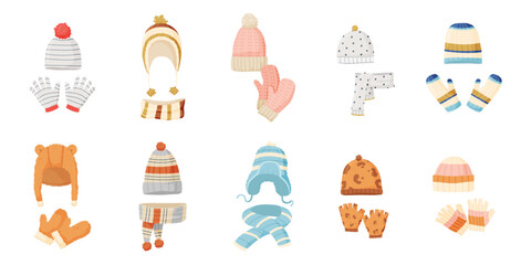 Winter warm accessories. Knitted hats, mittens and gloves, scarves. Seasonal cloth for children and adults, stylish snugly cartoon elements