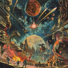 Naklejka premium 1950s color pulp magazines-style science fiction illustration showing rockets, stars, planets, and explosions in a futuristic city. From the series “Cosmic Living.”