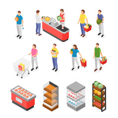 Isometric people on grocery shopping. Market stand with products, with basket and bags. Waiting line to cashier. Buy food flawless vector scenes