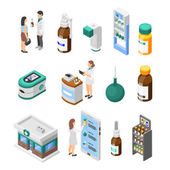 Isometric pharmacy set. Pharmacist and patient, client buy medication. Marketing in healthcare, bottles with pills or drugs. Flawless vector set