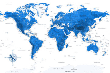 World Map - Highly Detailed Vector Map of the World. Ideally for the Print Posters. Deep Blue Colors. Relief Topographic - obrazy, fototapety, plakaty