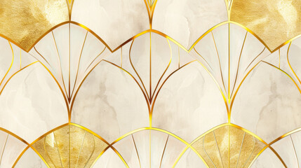 Wallpaper. Background. Beige and white pattern with lines of different thicknesses, inspired by Art Deco style, with thin gold foil on paper - obrazy, fototapety, plakaty