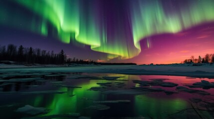 beautiful aurora lights dancing over a frozen lake in the north pole