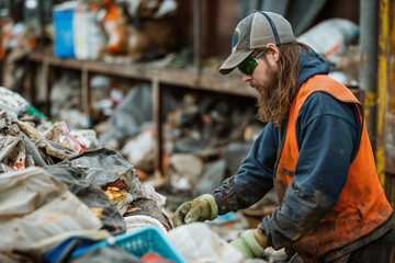 Recycling. Man Sorting Plastic Waste: Concept of Waste Management and Environmental Activism