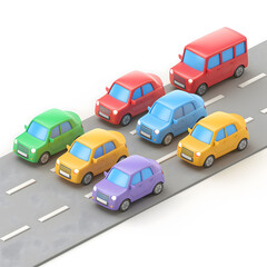 Multiple Cars in Distinct Colors Driving on a Three-Lane Road