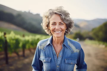 Foto auf Glas Portrait of a happy woman in her 60s sporting a versatile denim shirt on backdrop of rolling vineyards © Markus Schröder