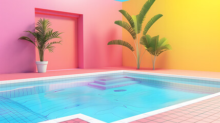 Fototapeta premium Low-Poly Style Serene Swimming Pool Scene in Colorful Landscape