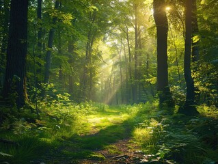 A tranquil forest clearing with sunlight filtering through the canopy, creating dappled shadows on the lush greenery serenity in nature Soft