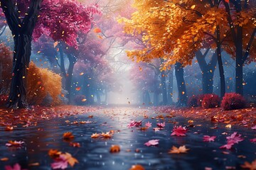 World here Beautiful autumn landscape with. Colorful foliage in the park.