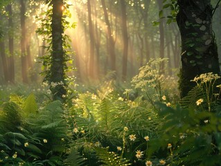 A tranquil forest glade bathed in the soft light of dawn, with dew-kissed flowers blooming among sun-dappled ferns woodland enchantment Ethereal lighting imbues the scene with a magical quality - obrazy, fototapety, plakaty