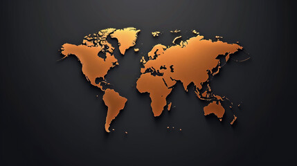 Minimalistic world map design in orange color on black background, made with smooth lines.