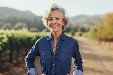 Portrait of a happy woman in her 60s sporting a versatile denim shirt isolated on backdrop of...