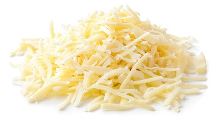 Cheese shreds against a plain white backdrop