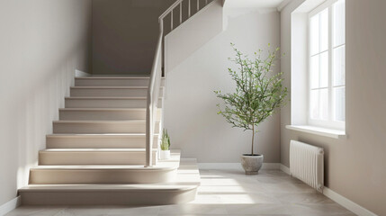 Graceful beige stairs in a cozy Scandinavian lounge with a window and serene surroundings.
