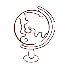 Globe on stand for desk in line art style. Outline educational school equipment. Illustration on a white background.