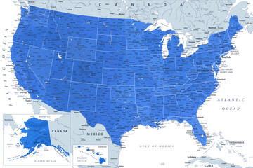 United States - Highly Detailed Vector Map of the USA. Ideally for the Print Posters. Blue Spot Relief Topographic