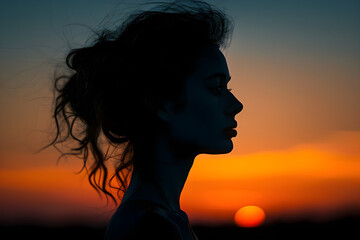 A peaceful silhouette of a woman standing outdoors at sunset, radiating serenity and tranquility. Perfect for mindfulness and meditation concepts.