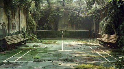 An abandoned old tennis court surrounded by overgrown ivy and weathered benches,