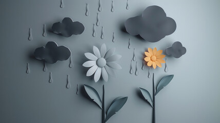 Cute Paper Art illustration, small flower and dark gray clouds above it, paper rain, simple and clean, volumetric, 3d