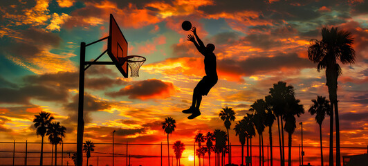 Silhouette of a Basketball Player Dunking at Sunset - obrazy, fototapety, plakaty