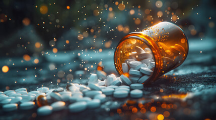 Enchanting Illuminated Bottle With Golden Sparkles and Pills - obrazy, fototapety, plakaty