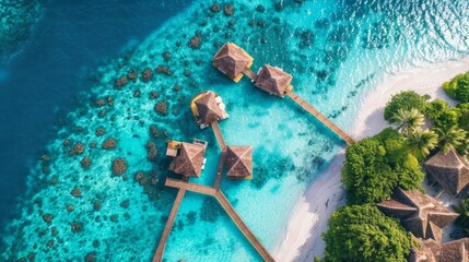 Aerial view of Maldives island, luxury water villas resort and wooden pier. Beautiful sky and ocean lagoon beach background. Summer vacation holiday and travel concept. Paradise aerial landscape pano - obrazy, fototapety, plakaty