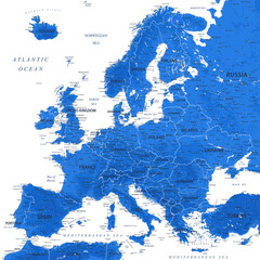 Europe - Highly Detailed Vector Map of the Europe. Ideally for the Print Posters. Blue Colors. Relief Topographic - obrazy, fototapety, plakaty