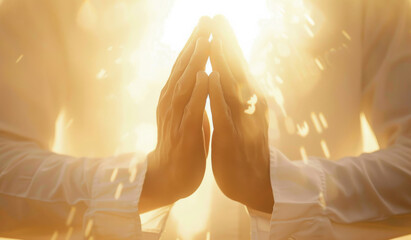 Man, hands and praying for worship, God and faith with hope or light. Christian person, grateful or spiritual peace for religion, gratitude and lens flare with connection to holy Jesus Christ praise - obrazy, fototapety, plakaty