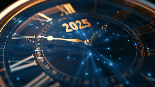 Wallpaper. Background. A close-up of the numbers "2025" and two Roman dates on an elegant watch face, the background is in shades of blue