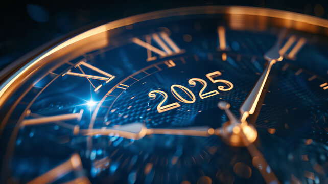 Wallpaper. Background. A close-up of the numbers "2025" and two Roman dates on an elegant watch face, the background is in shades of blue
