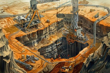 Illustration of an industrial oil extraction site with rigs and pipelines in a mountainous environment