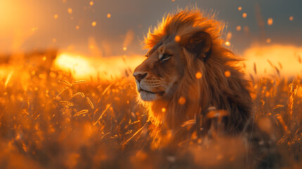 Majestic Lion in Golden Hour Light on African Savannah