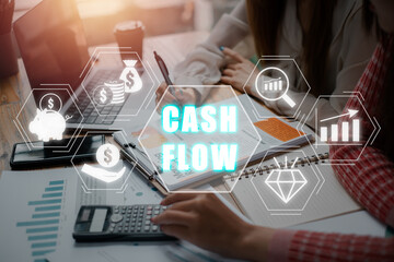 Cash flow concept, Business team analyzing income charts and graphs on office desk with investment, money, asset, analysis, business and value icon on virtual screen.