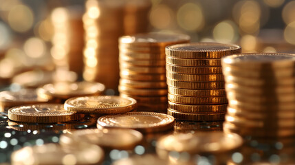 Golden Coin Stacks Glowing with Warm Bokeh Light