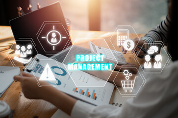 Project management concept, Business team analyzing income charts and graphs on office desk with...