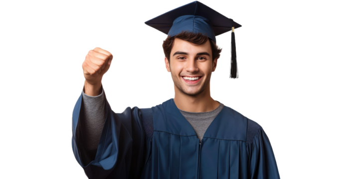 Male American student smiling happily and holding up successful hand in study on a transparent background