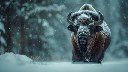 Majestic Bison in a Snowy Winter Wonderland - obrazy, fototapety, plakaty