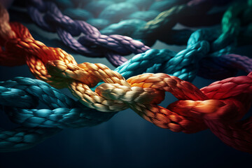 Collective Effort Integration and Unity with teamwork concept as a business metaphor for joining a partnership synergy and cohesion as diverse ropes connected - obrazy, fototapety, plakaty