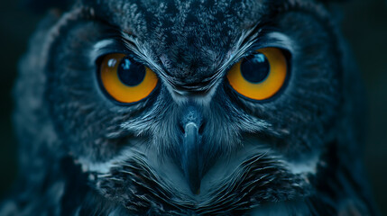 Intense Gaze of an Eagle Owl: Close-up Portrait in Dramatic Detail - obrazy, fototapety, plakaty