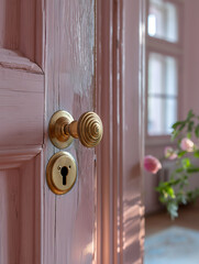 Vintage Brass Door Knob on a Wooden Door with Elegant Curtains