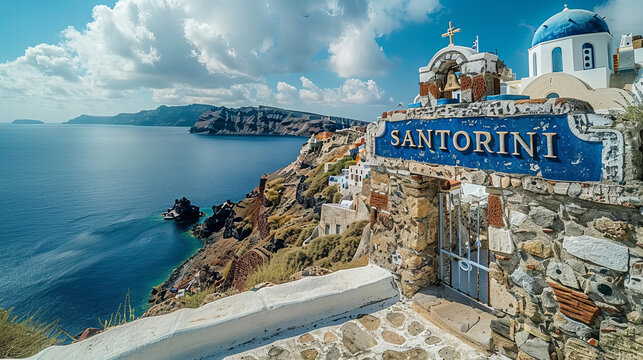 Postcard. Picturesque image of Santorini with blue domes and white buildings.